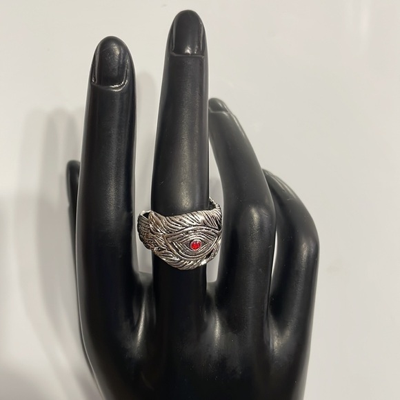 Silver Feather Red Crystal Evil Eye Ring - Picture 11 of 15